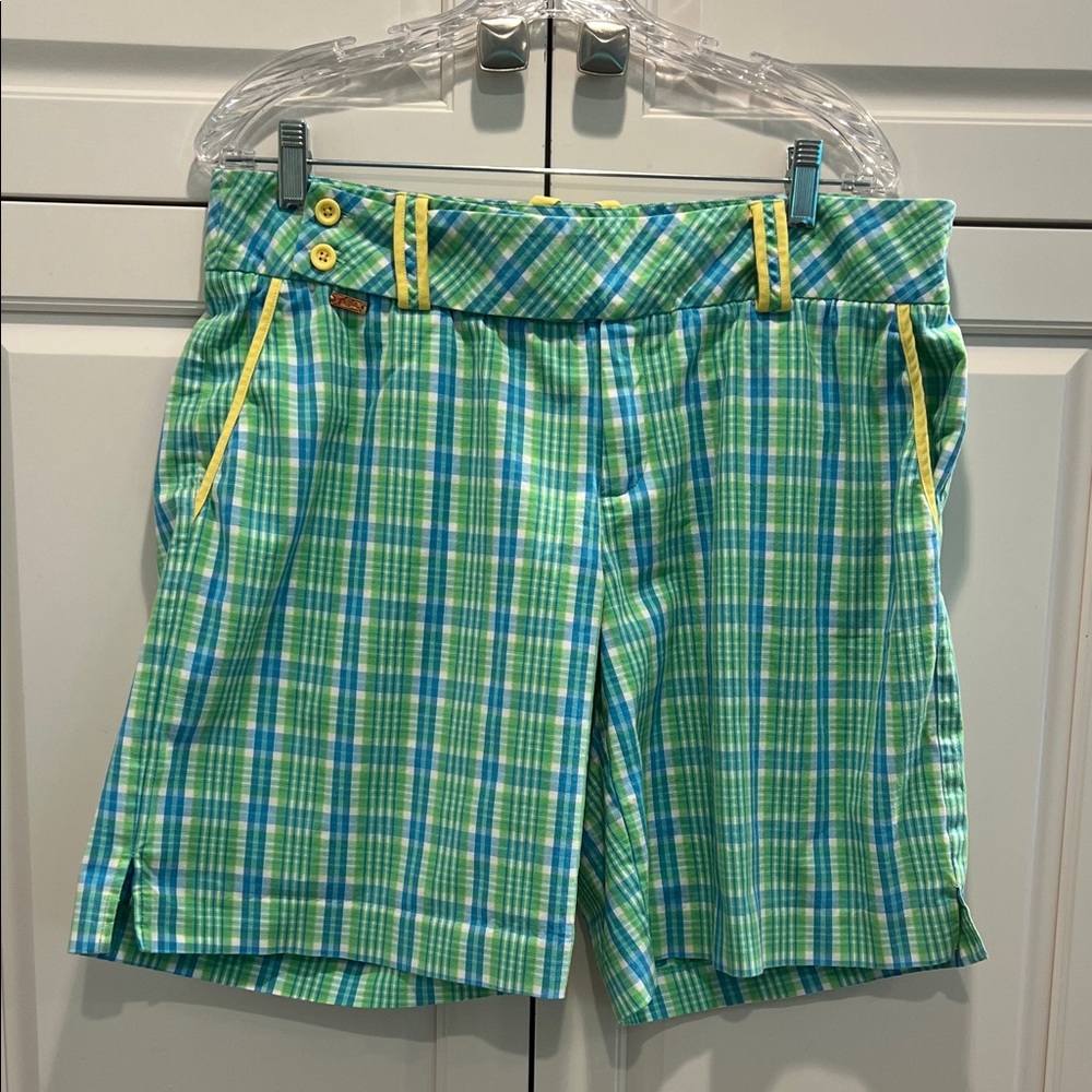 Lilly Pulitzer Green & Blue Plaid Women's Shorts with Yellow Trim 14
